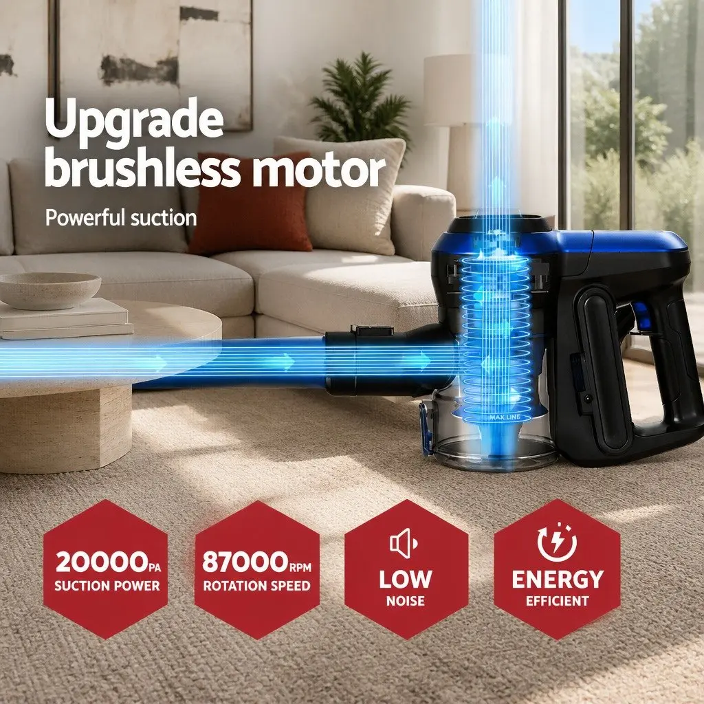 Stick Vacuum Cleaner Cordless Handheld Brushless 250W Bagless HEPA Filter Blue
