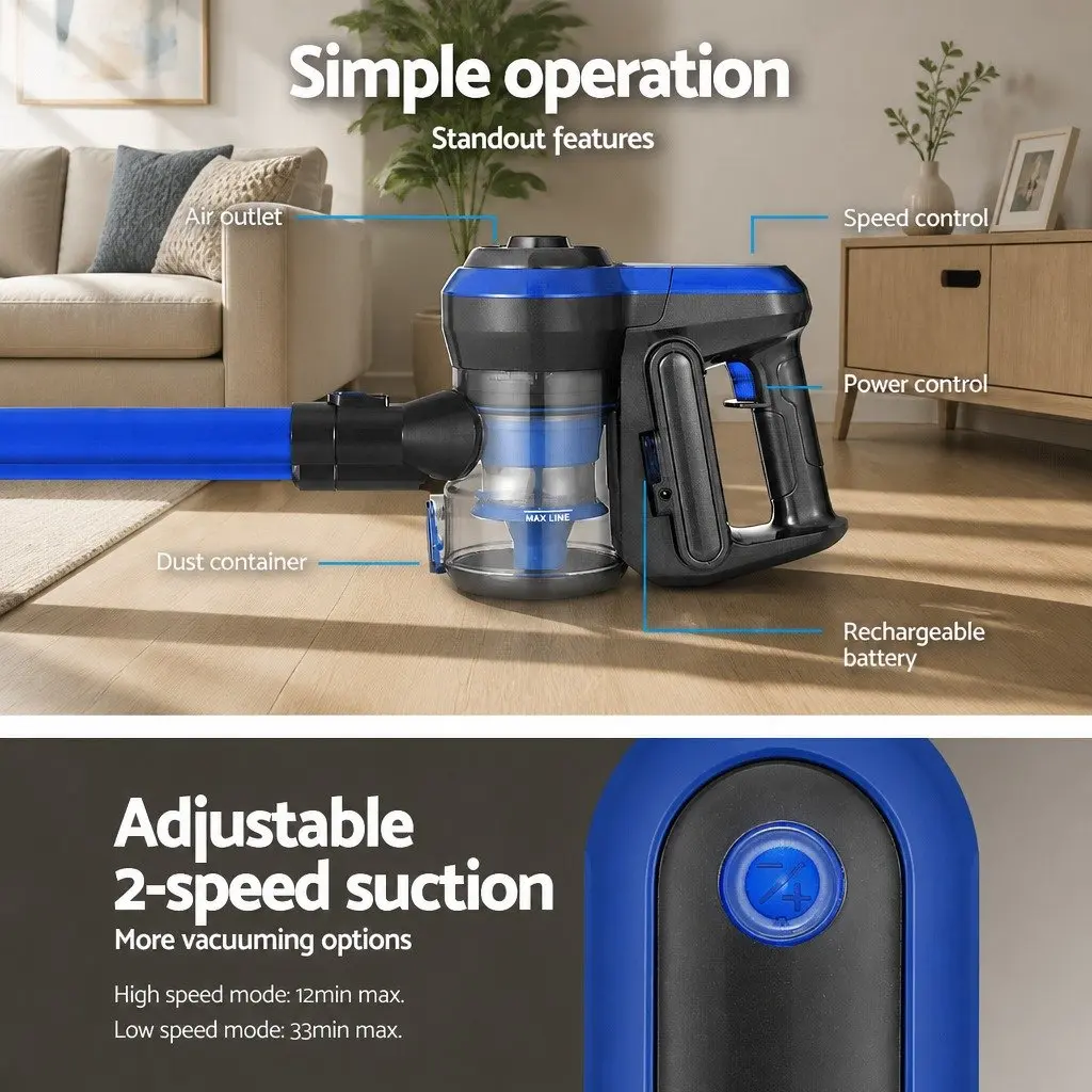 Stick Vacuum Cleaner Cordless Handheld Brushless 250W Bagless HEPA Filter Blue