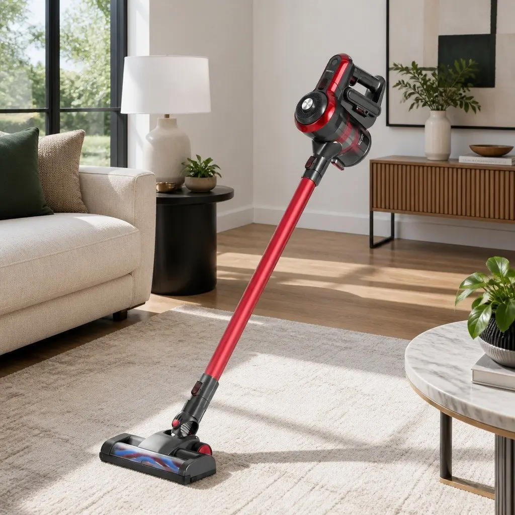 Cordless Stick Vacuum Cleaner Red Lightweight Brushless 250W with HEPA Filter
