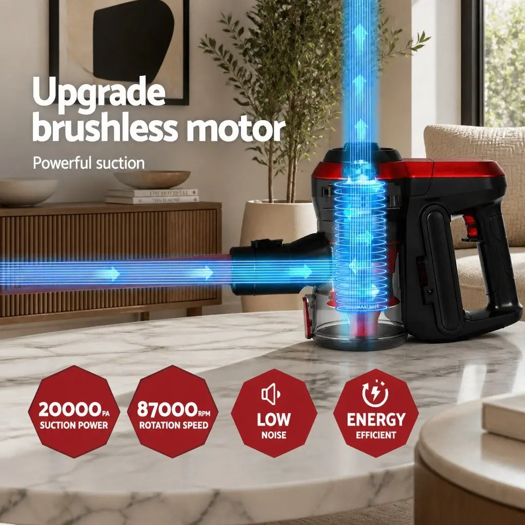 Cordless Stick Vacuum Cleaner Red Lightweight Brushless 250W with HEPA Filter