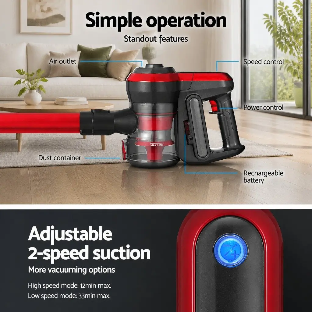 Cordless Stick Vacuum Cleaner Red Lightweight Brushless 250W with HEPA Filter