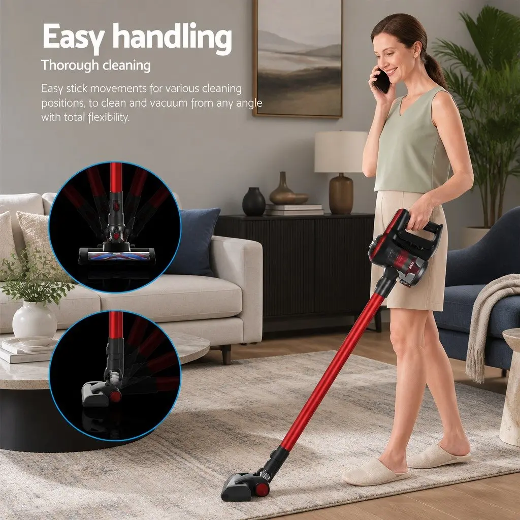 Cordless Stick Vacuum Cleaner Red Lightweight Brushless 250W with HEPA Filter