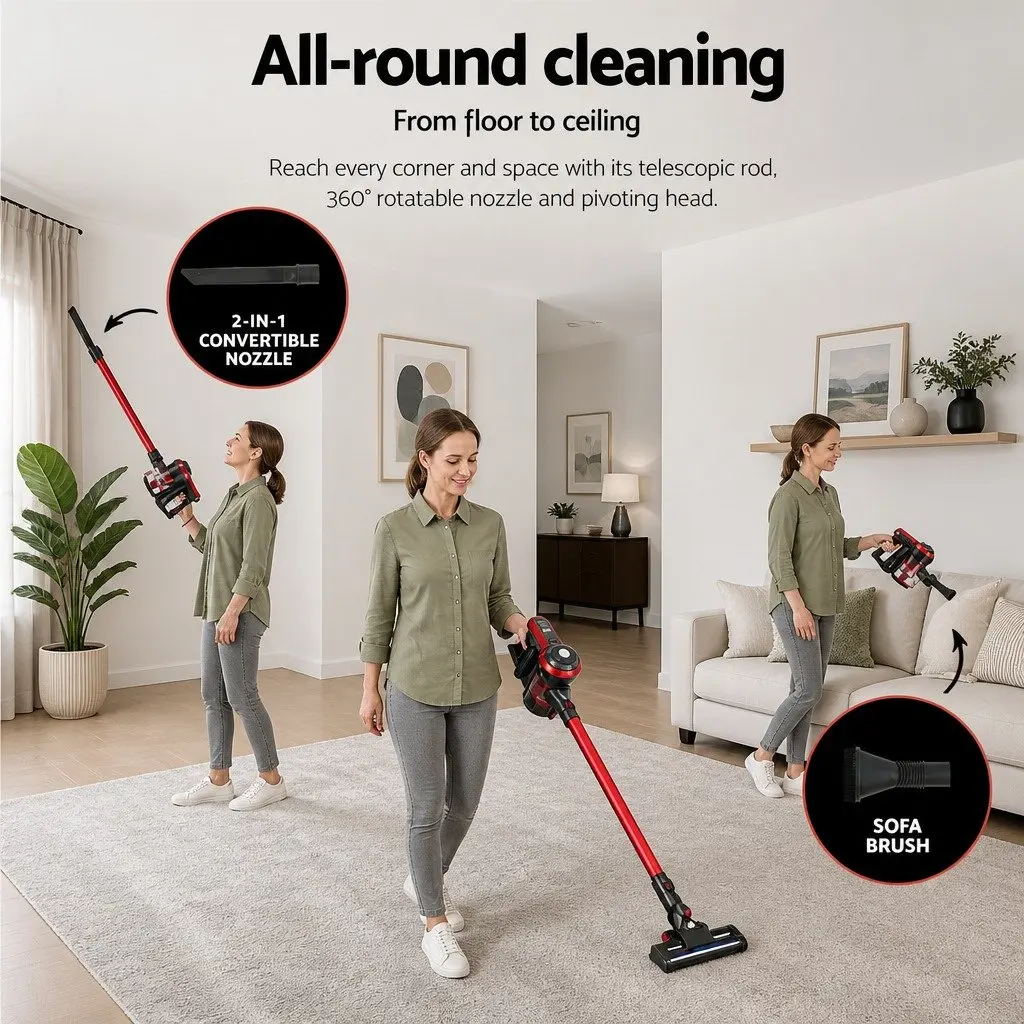 Cordless Stick Vacuum Cleaner Red Lightweight Brushless 250W with HEPA Filter