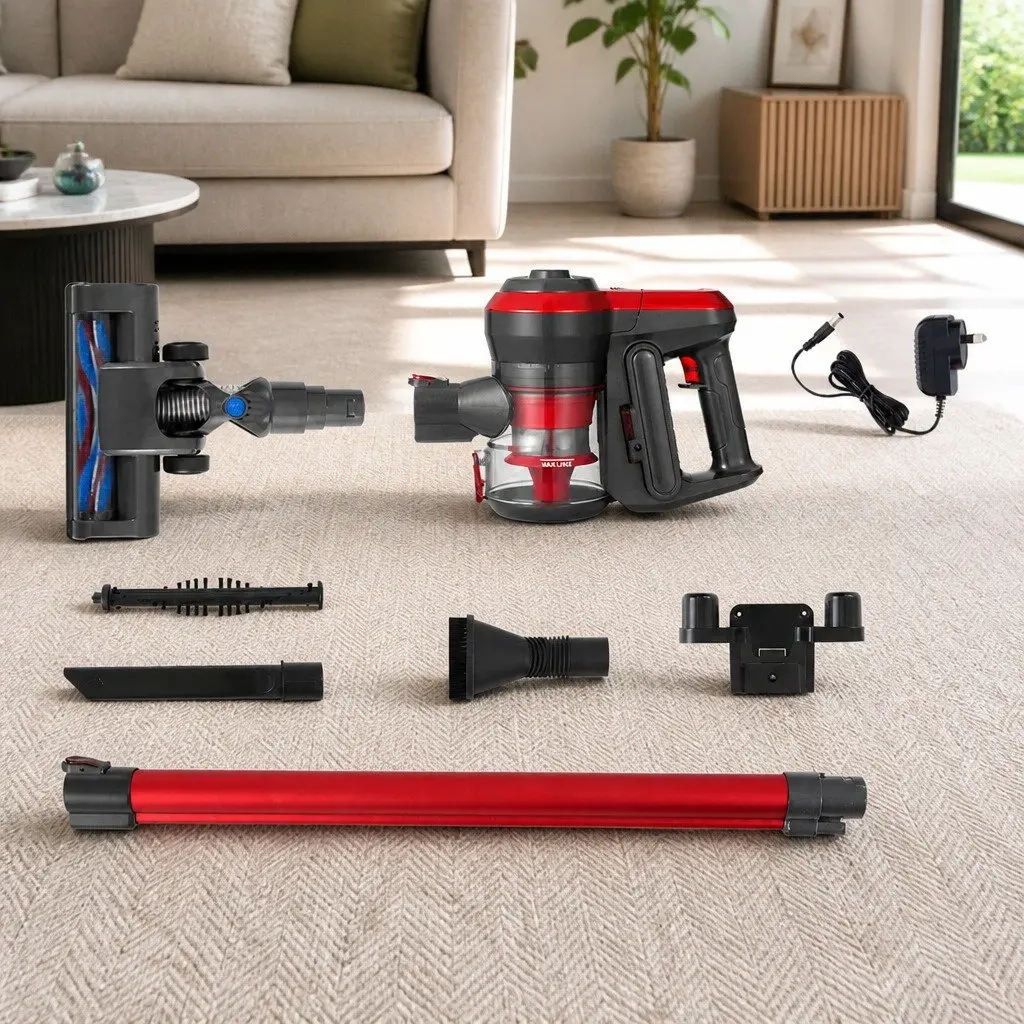 Cordless Stick Vacuum Cleaner Red Lightweight Brushless 250W with HEPA Filter