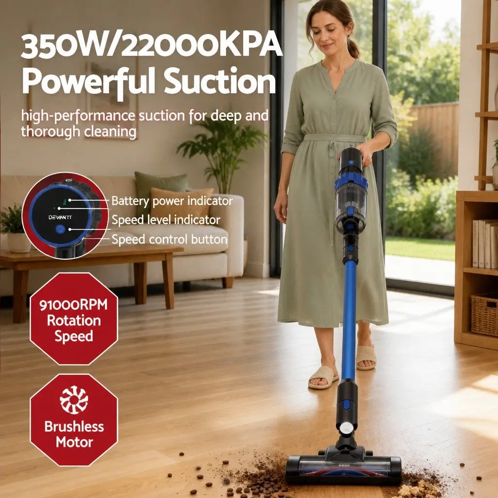 Cordless Stick Vacuum Cleaner Blue 350W Brushless Motor Bagless