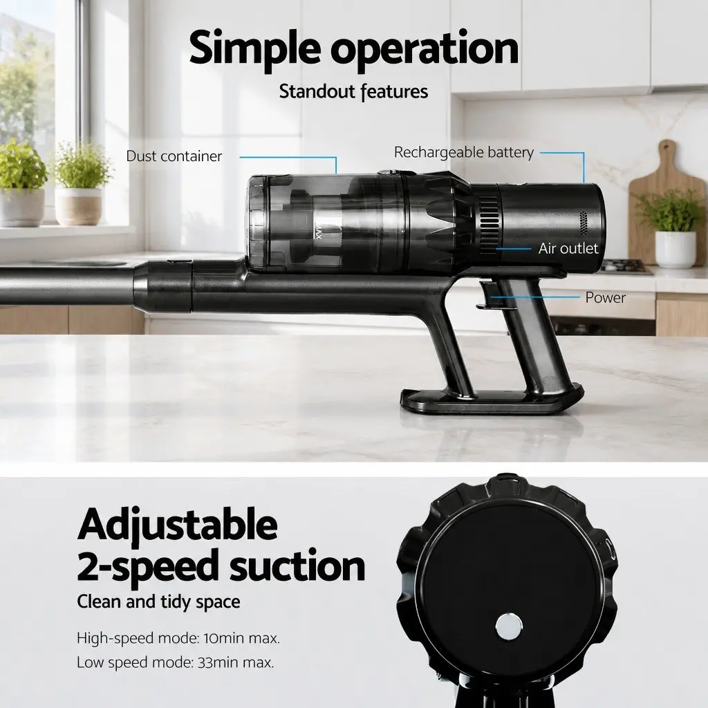 Stick Vacuum Cleaner Grey Cordless Brushless 350W Handheld Hard Floor Cleaning