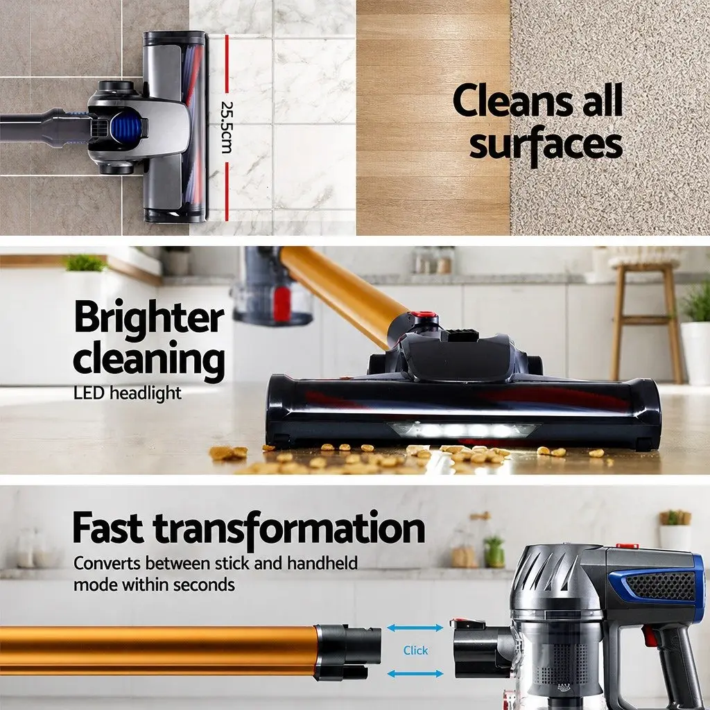 Cordless Stick Vacuum Cleaner Gold Lightweight 150W Adjustable 2-Speed Suction