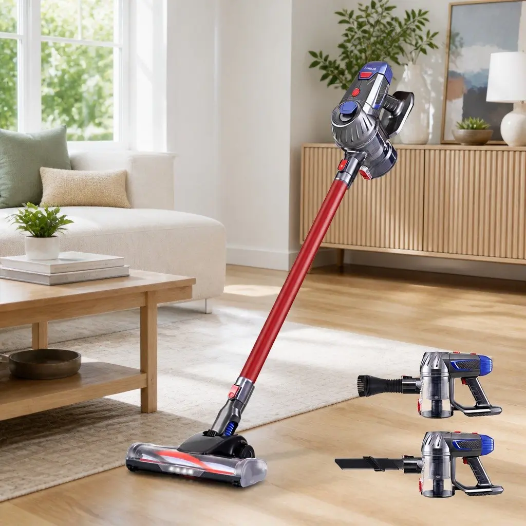 Cordless Stick Vacuum Cleaner Red Lightweight Handheld with Adjustable Suction Power and Motorised Head