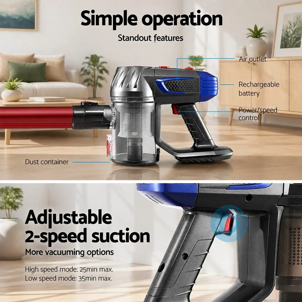Cordless Stick Vacuum Cleaner Red Lightweight Handheld with Adjustable Suction Power and Motorised Head