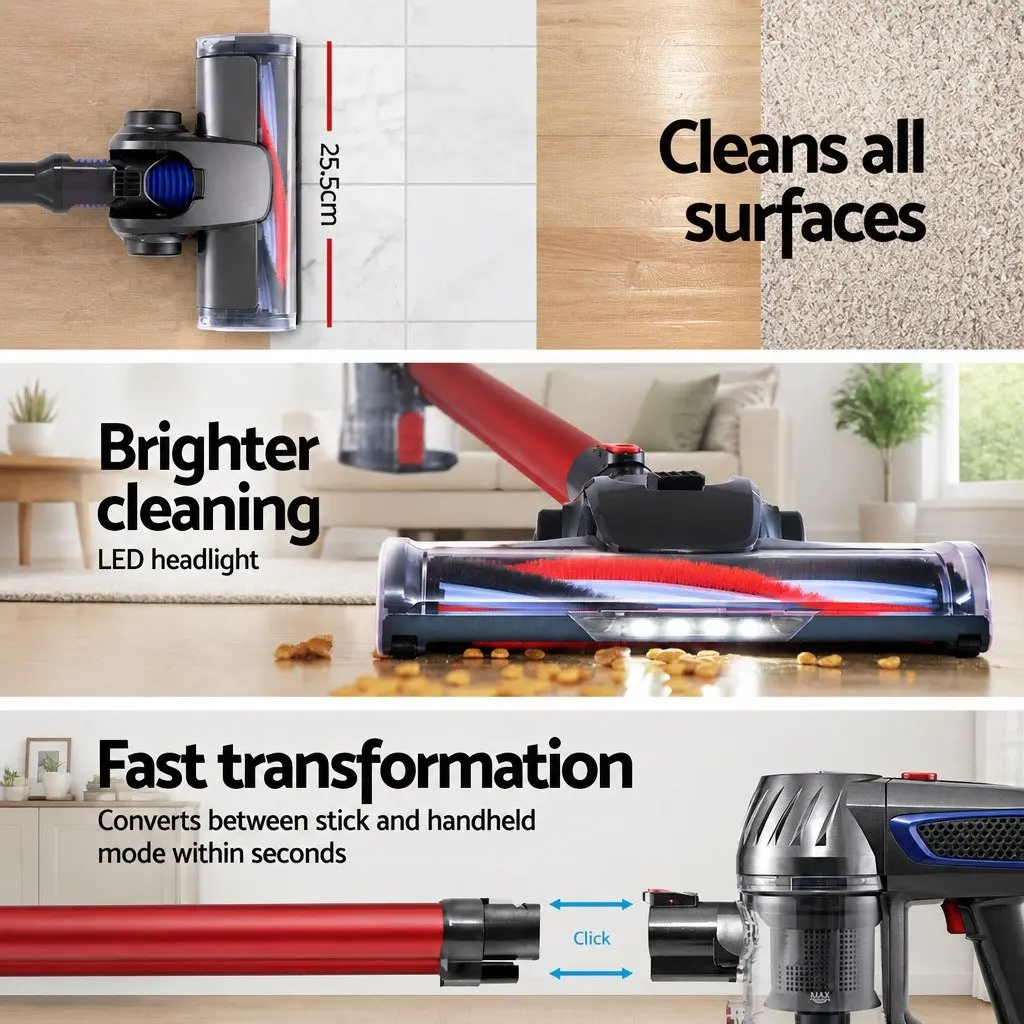 Cordless Stick Vacuum Cleaner Red Lightweight Handheld with Adjustable Suction Power and Motorised Head