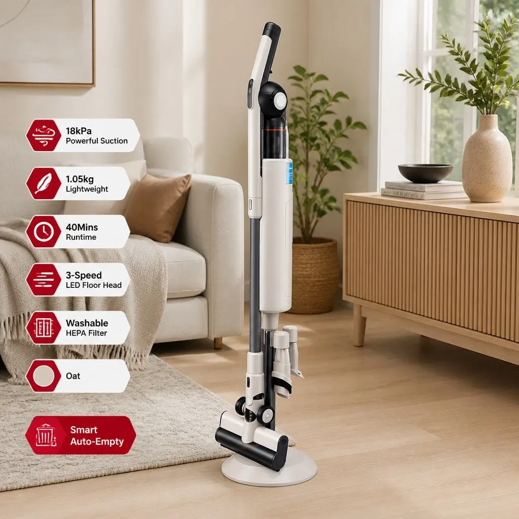 Cordless Vacuum Cleaner Brown Lightweight Auto-Empty Dust Station 18kPa Suction Motorized LED Brush Head