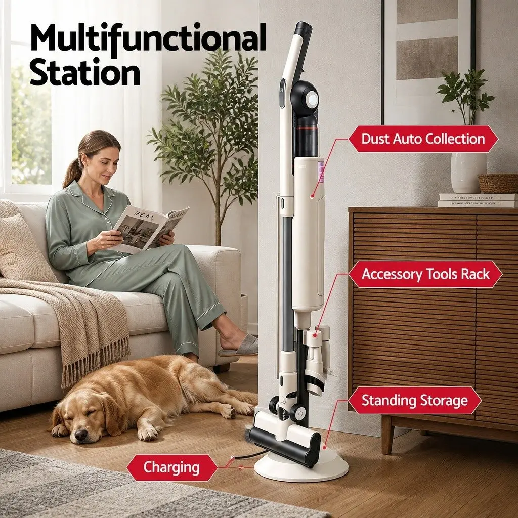 Cordless Vacuum Cleaner Brown Lightweight Auto-Empty Dust Station 18kPa Suction Motorized LED Brush Head