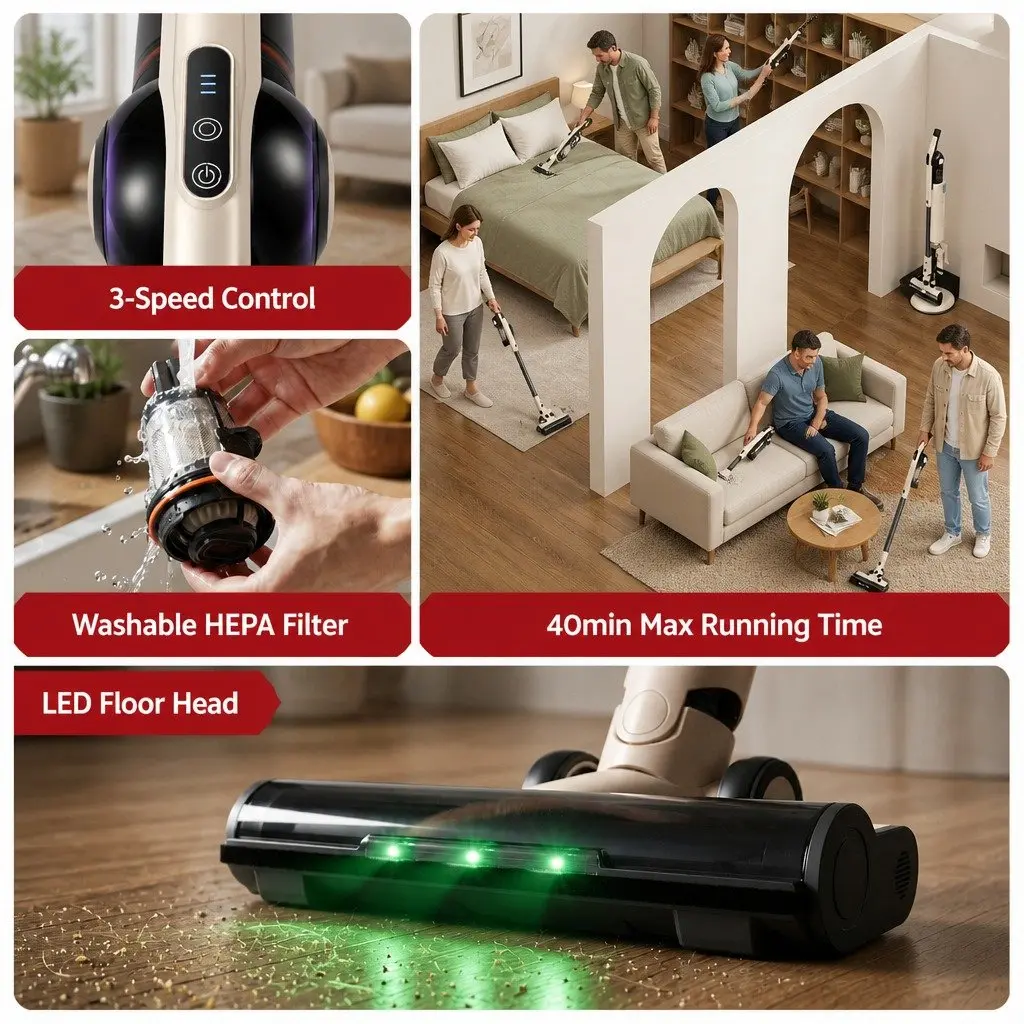Cordless Vacuum Cleaner Brown Lightweight Auto-Empty Dust Station 18kPa Suction Motorized LED Brush Head