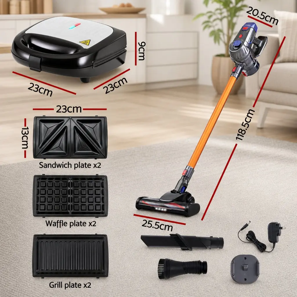 Cordless Stick Vacuum Cleaner Gold Silver Black 10000Pa Suction Power 3-in-1 Sandwich Maker 850W Double-Sided Heating Plates
