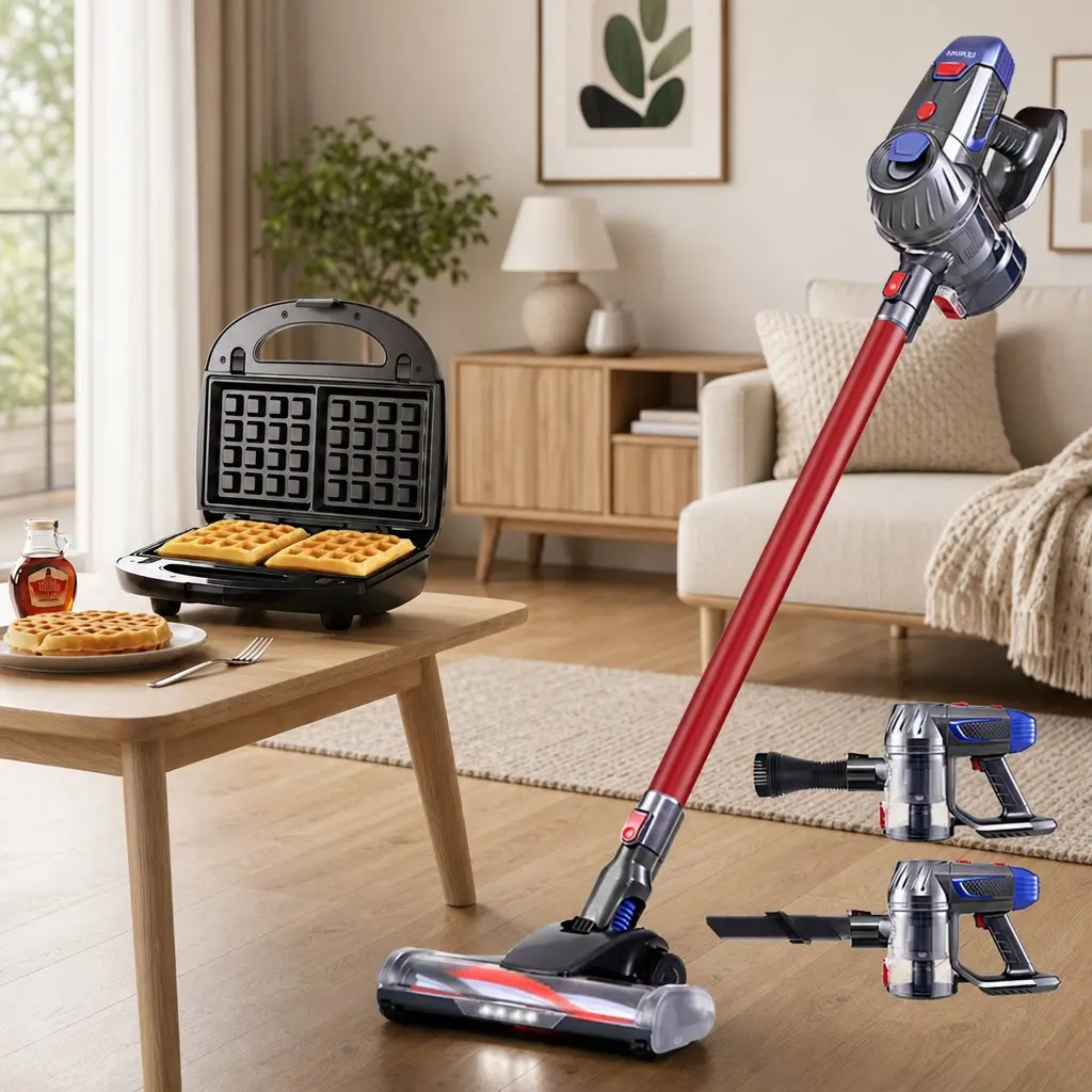Cordless Stick Vacuum Cleaner Red with 10000Pa Suction Power and 35 Minutes Runtime 3-in-1 Sandwich Maker with 850W Heating