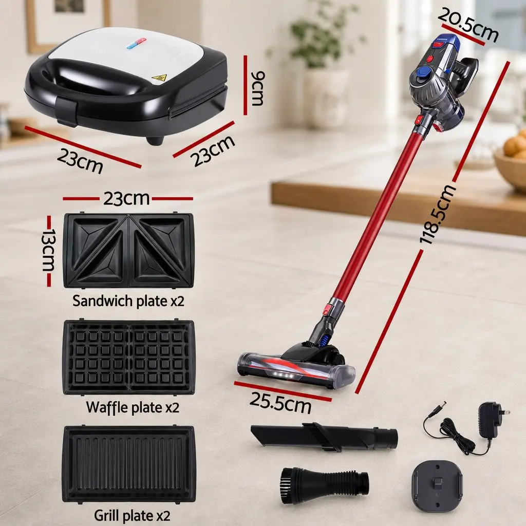 Cordless Stick Vacuum Cleaner Red with 10000Pa Suction Power and 35 Minutes Runtime 3-in-1 Sandwich Maker with 850W Heating