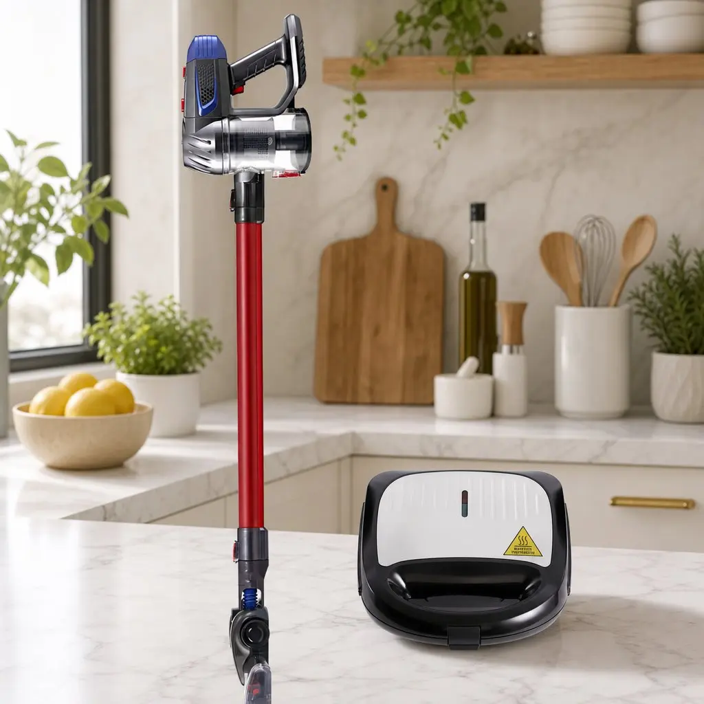 Cordless Stick Vacuum Cleaner Red with 10000Pa Suction Power and 35 Minutes Runtime 3-in-1 Sandwich Maker with 850W Heating