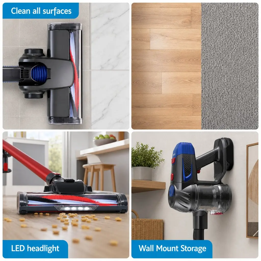 Cordless Stick Vacuum Cleaner Red with 10000Pa Suction Power and 35 Minutes Runtime 3-in-1 Sandwich Maker with 850W Heating