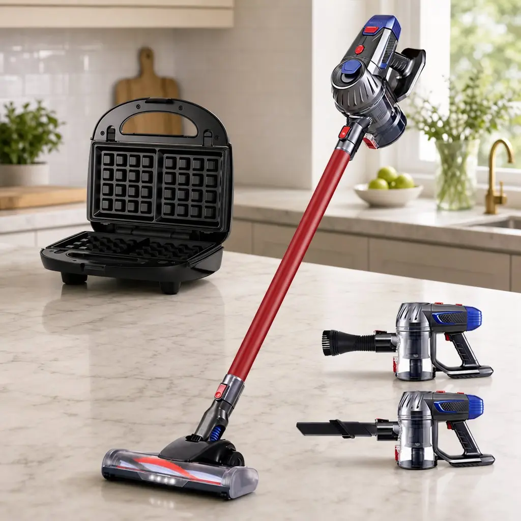 Cordless Stick Vacuum Cleaner Red with 10000Pa Suction Power and 35 Minutes Runtime 3-in-1 Sandwich Maker with 850W Heating