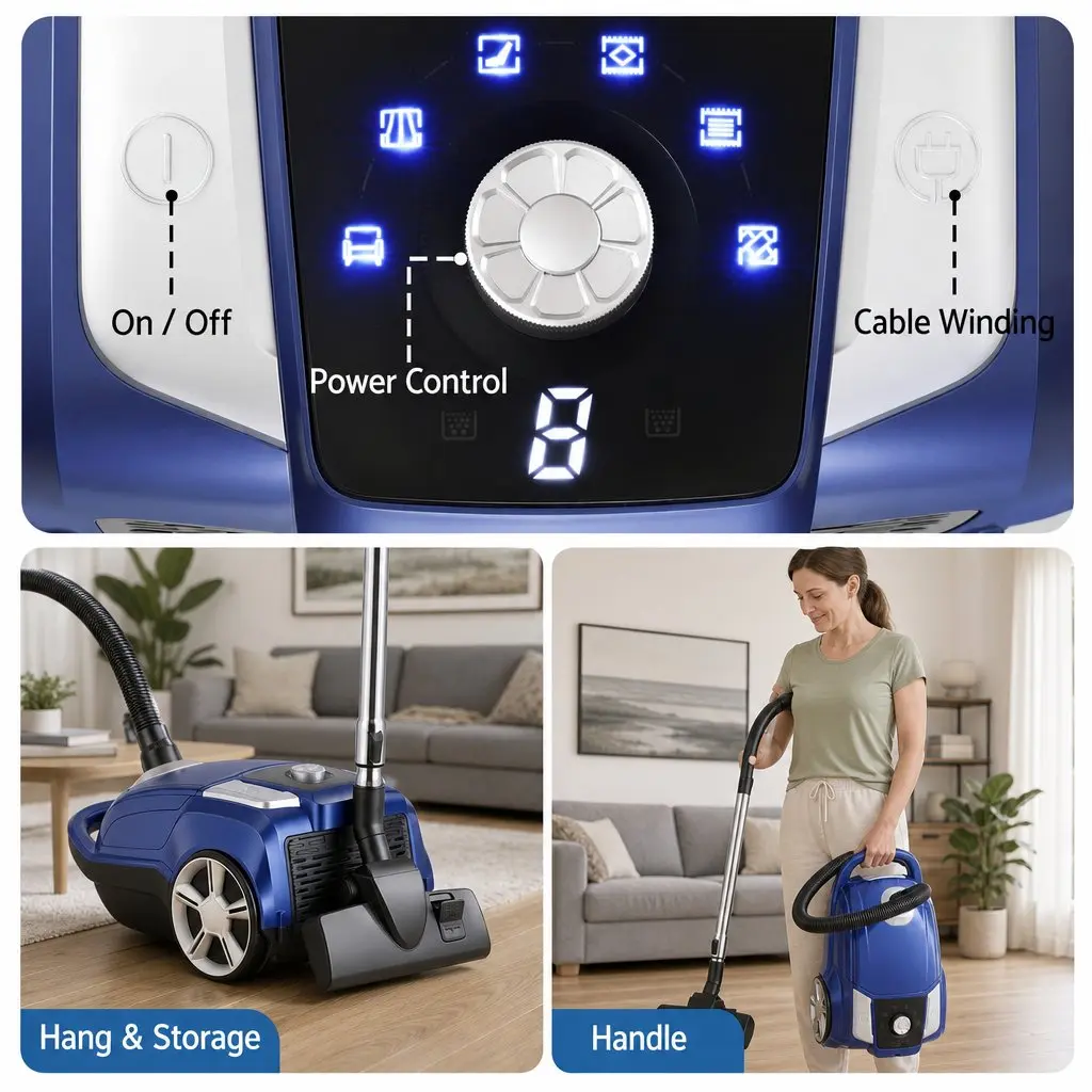Bagged Canister Vacuum Cleaner Blue Powerful Suction Carpet Hardwood Tiles Pet