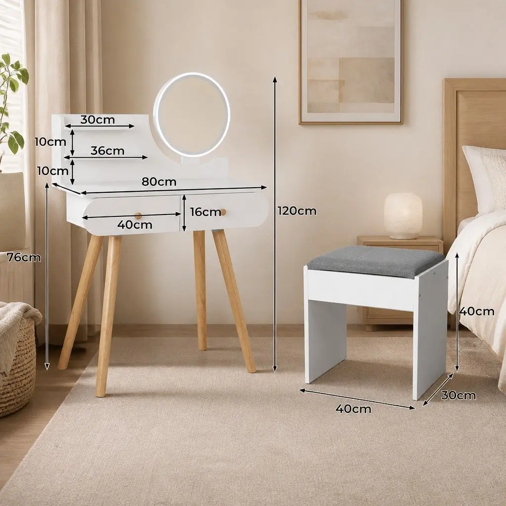 Dressing Table White 80cm LED Mirror 2 Drawers 2 Shelves with Padded Stool