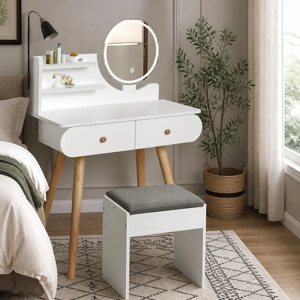 Dressing Table White 80cm LED Mirror 2 Drawers 2 Shelves with Padded Stool