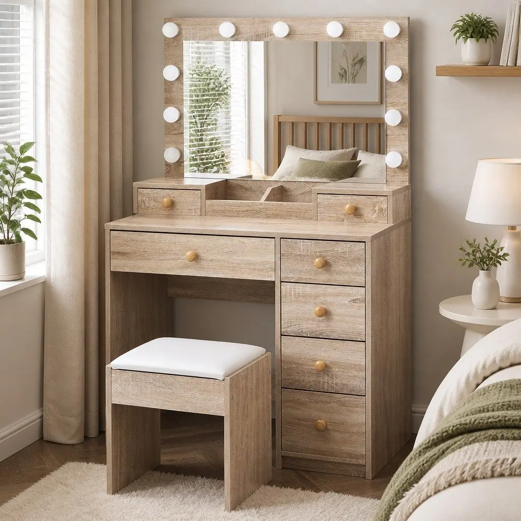 Dressing Table Stool Set LED Mirror Makeup Vanity Oak Drawer Storage Bedroom