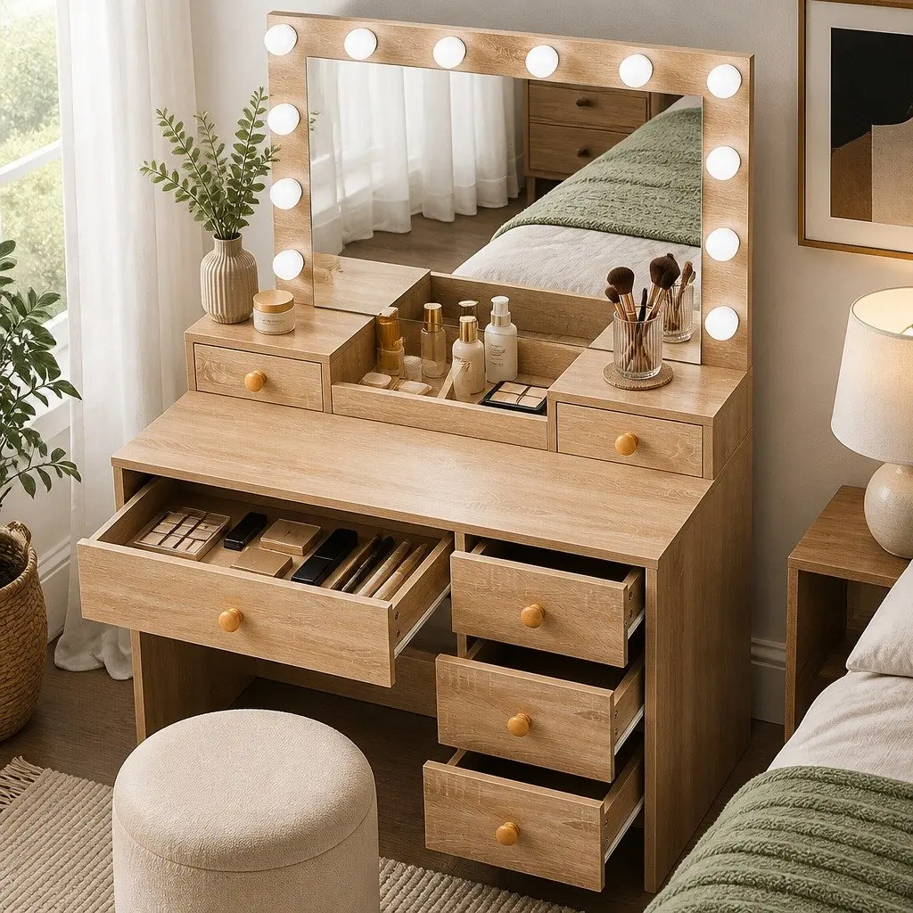 Dressing Table Oak LED Mirror Makeup Vanity with 7 Drawers and Stool