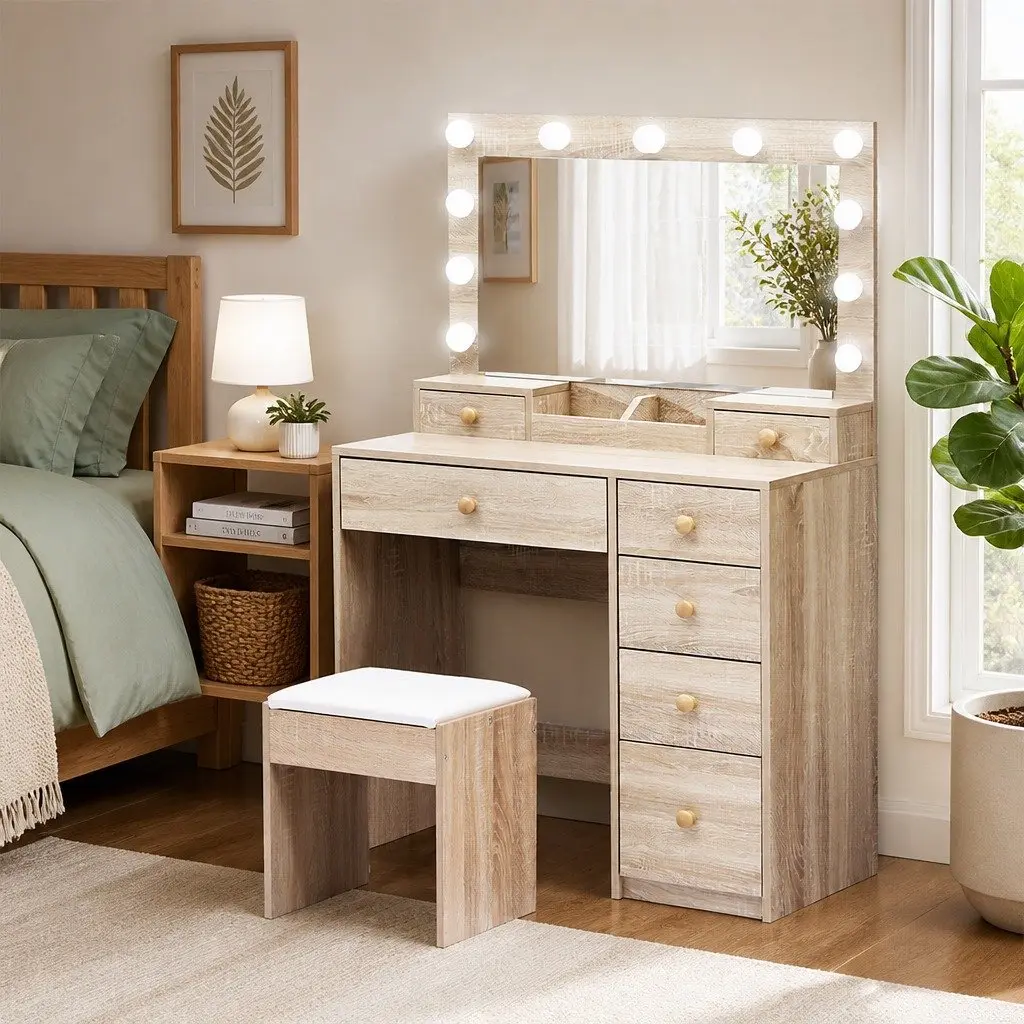 Dressing Table Oak LED Mirror Makeup Vanity with 7 Drawers and Stool