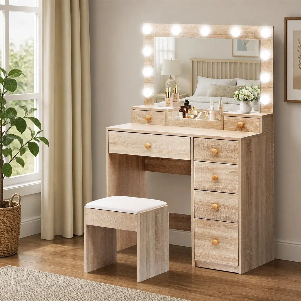 Dressing Table Oak LED Mirror Makeup Vanity with 7 Drawers and Stool