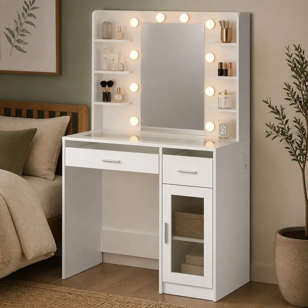 Vanity Desk White 90cm LED Makeup Mirror with Storage Drawers and Shelves