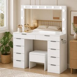 Compact and Functional LED Makeup Mirror and Stool Set