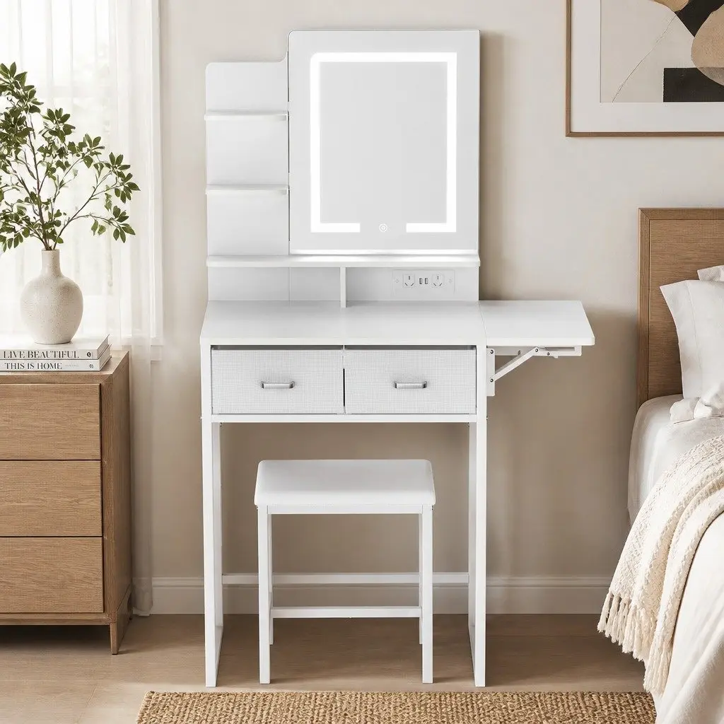 Dressing Table White Foldable Panel LED Makeup Mirror Vanity Desk Set