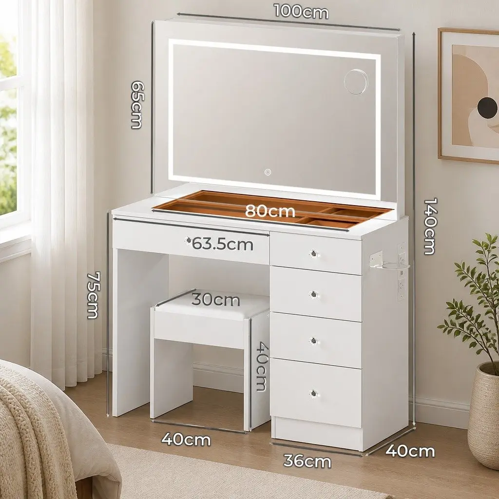 LED Dressing Table Vanity Desk White 5 Drawers Adjustable Brightness USB Ports
