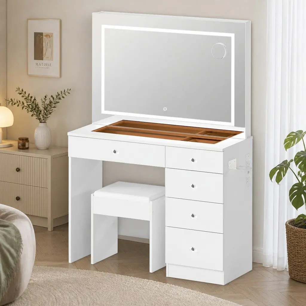 LED Dressing Table Vanity Desk White 5 Drawers Adjustable Brightness USB Ports