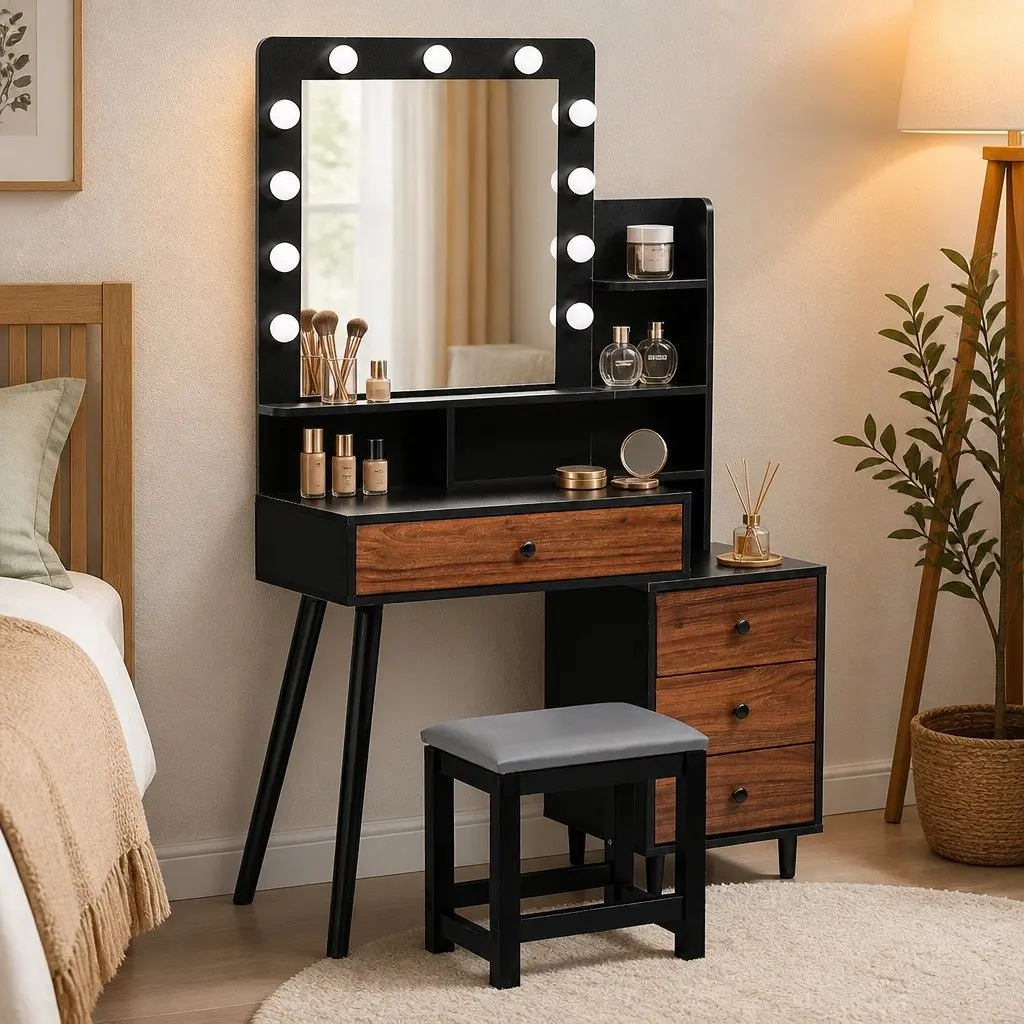 Dressing Table and Stool Set with LED Mirror