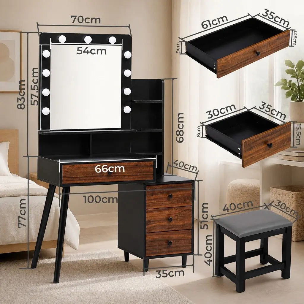 Dressing Table Stool Set Black and Brown LED Mirror Adjustable Brightness USB Powered Storage Drawer