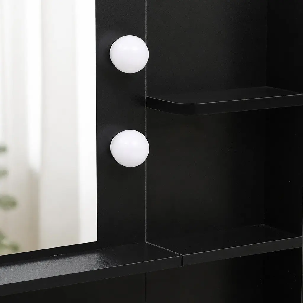 Dressing Table Stool Set Black and Brown LED Mirror Adjustable Brightness USB Powered Storage Drawer