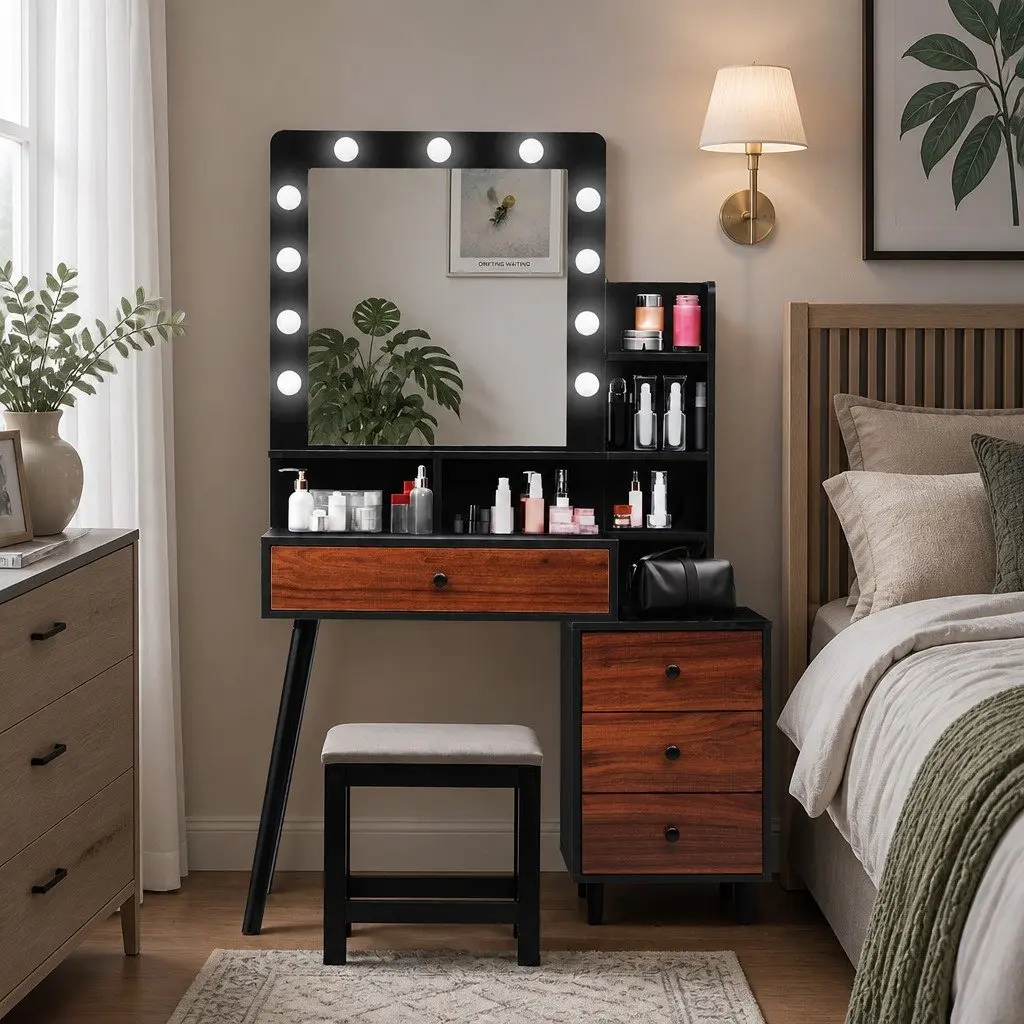 Dressing Table Stool Set Black and Brown LED Mirror Adjustable Brightness USB Powered Storage Drawer