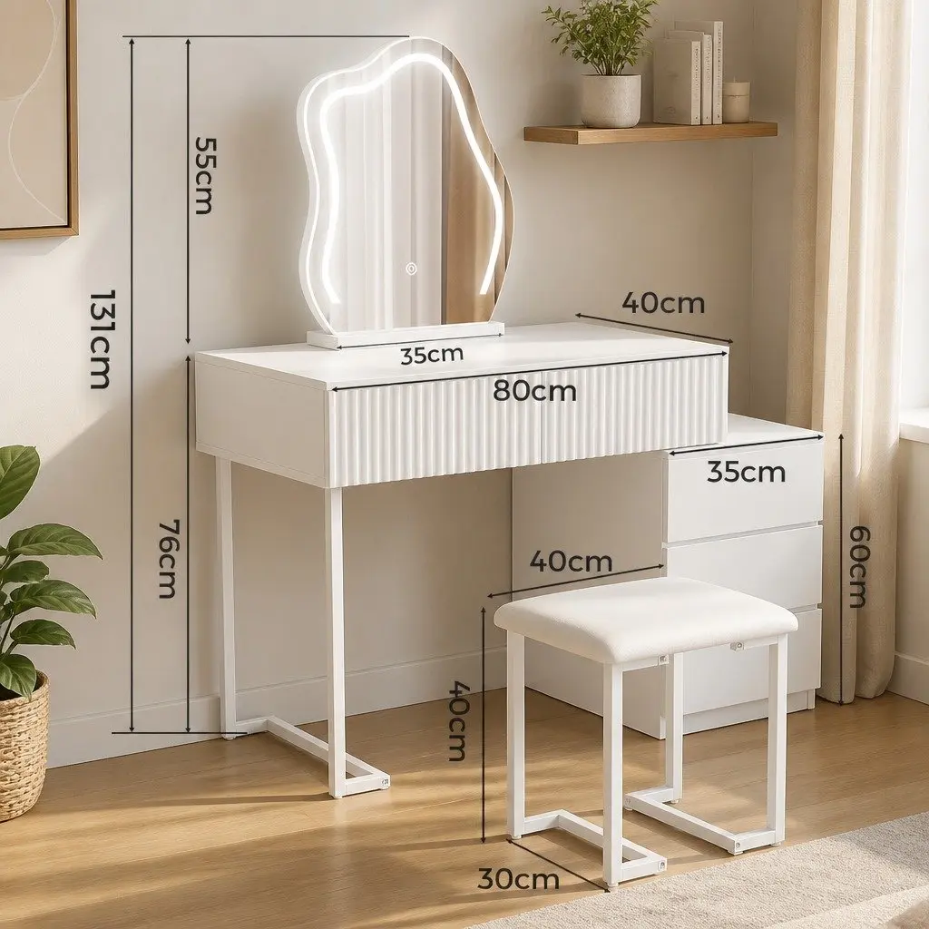 Dressing Table White LED Mirror Makeup Vanity Set with Drawers and Stool
