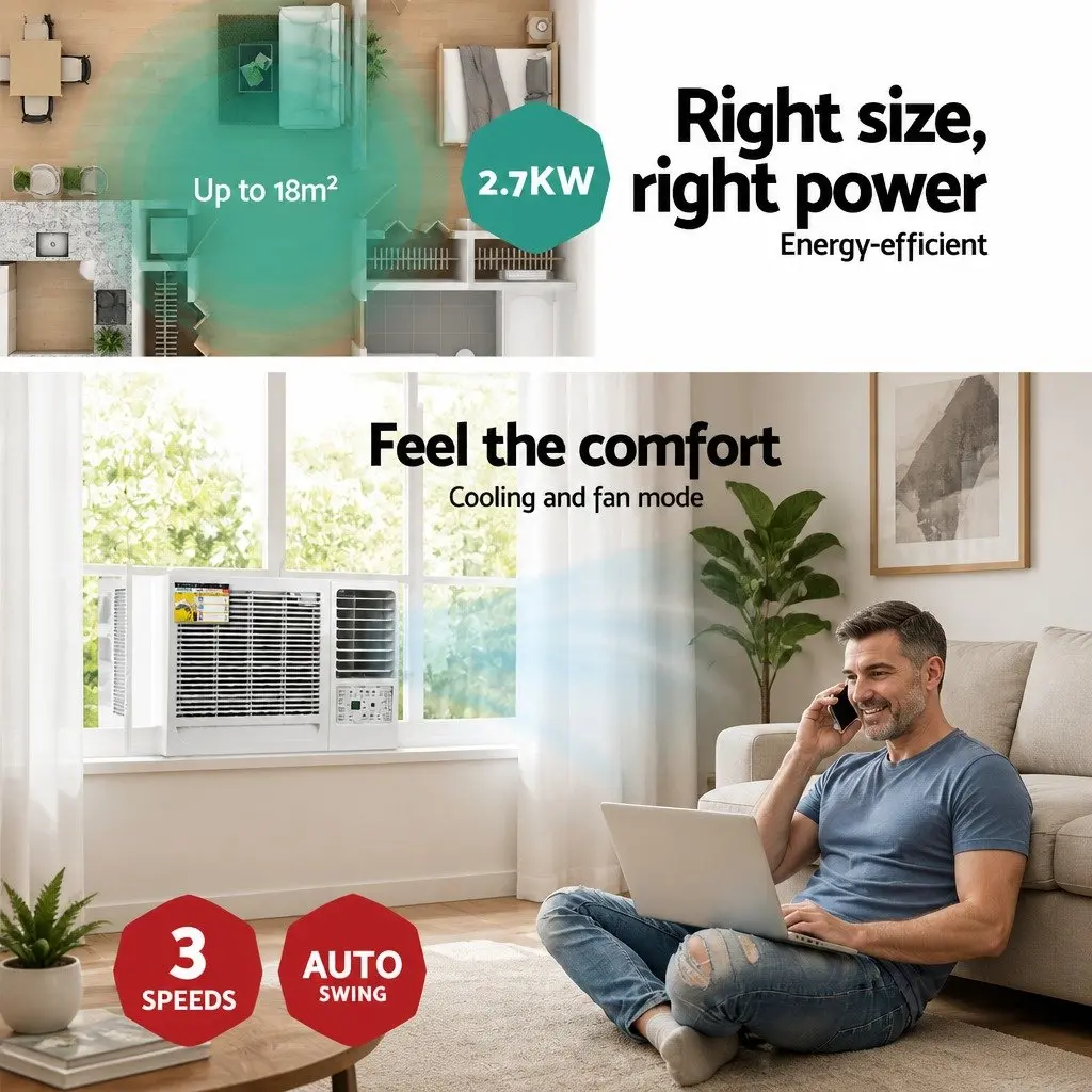 Window Air Conditioner White 2.7kW Portable Cooling Unit with LED Control Remote