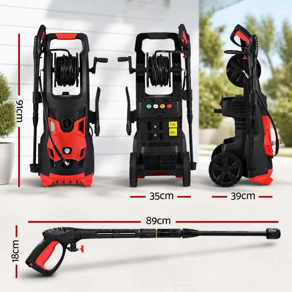 Electric High Pressure Washer Red 2800PSI Cold Water Cleaner Adjustable Nozzles 30M Hose
