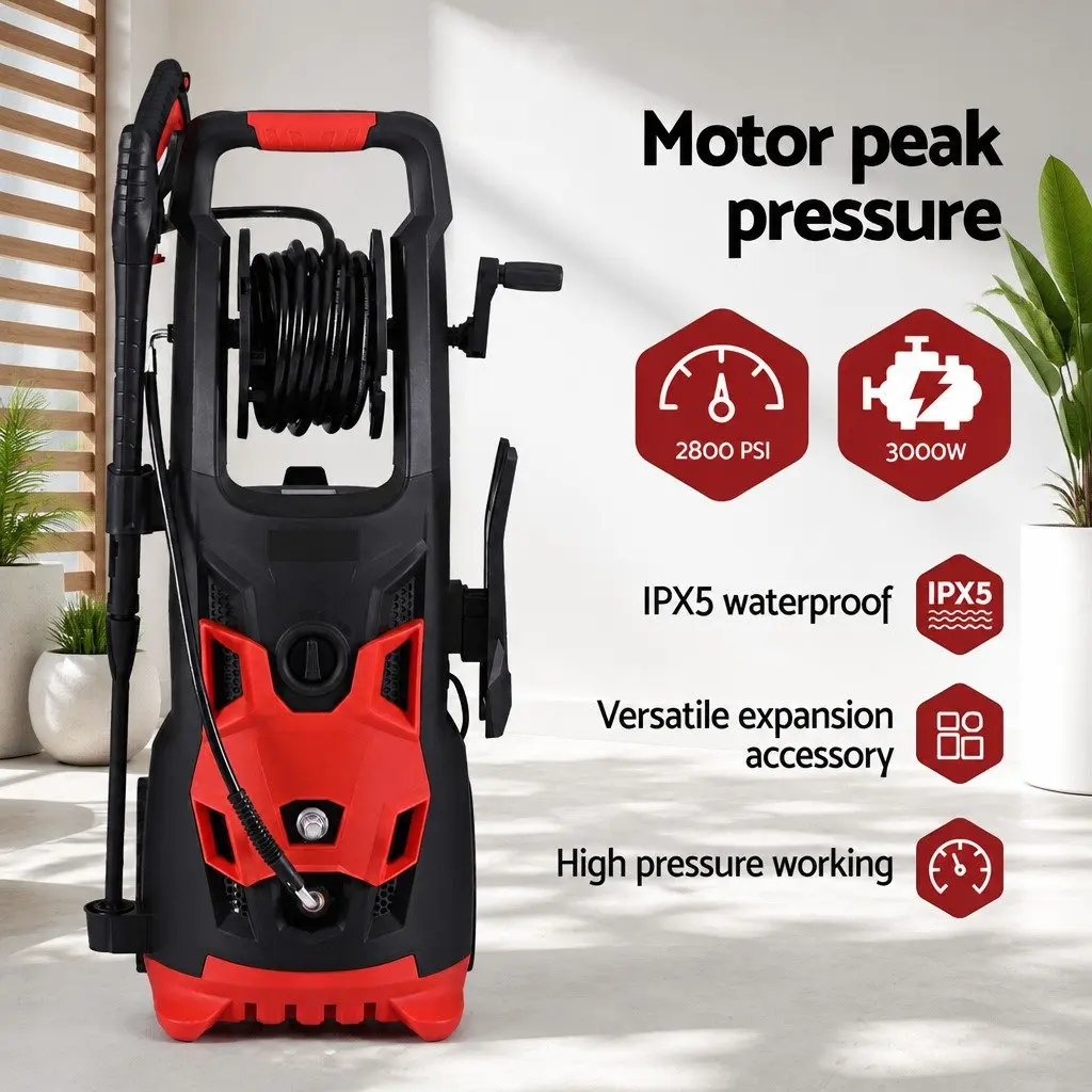 Electric High Pressure Washer Red 2800PSI Cold Water Cleaner Adjustable Nozzles 30M Hose