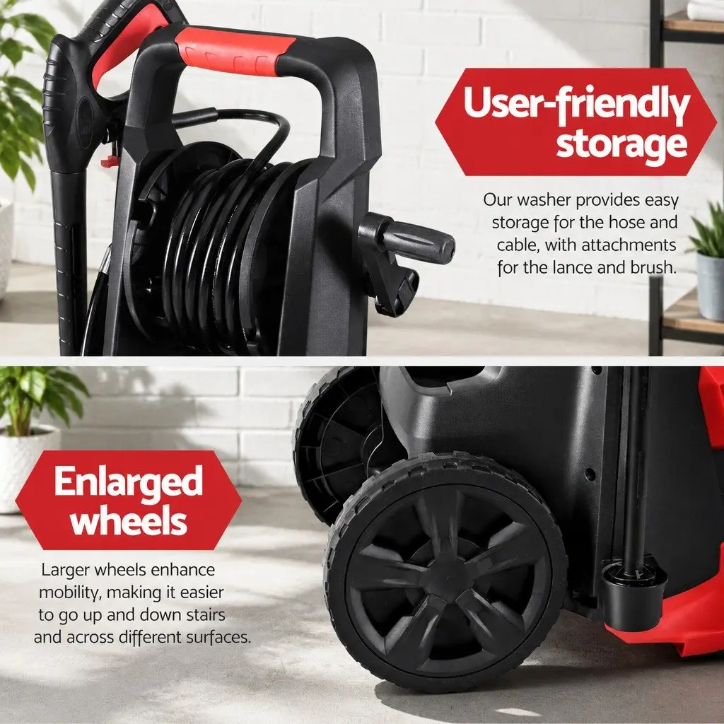 Electric High Pressure Washer Red 2800PSI Cold Water Cleaner Adjustable Nozzles 30M Hose