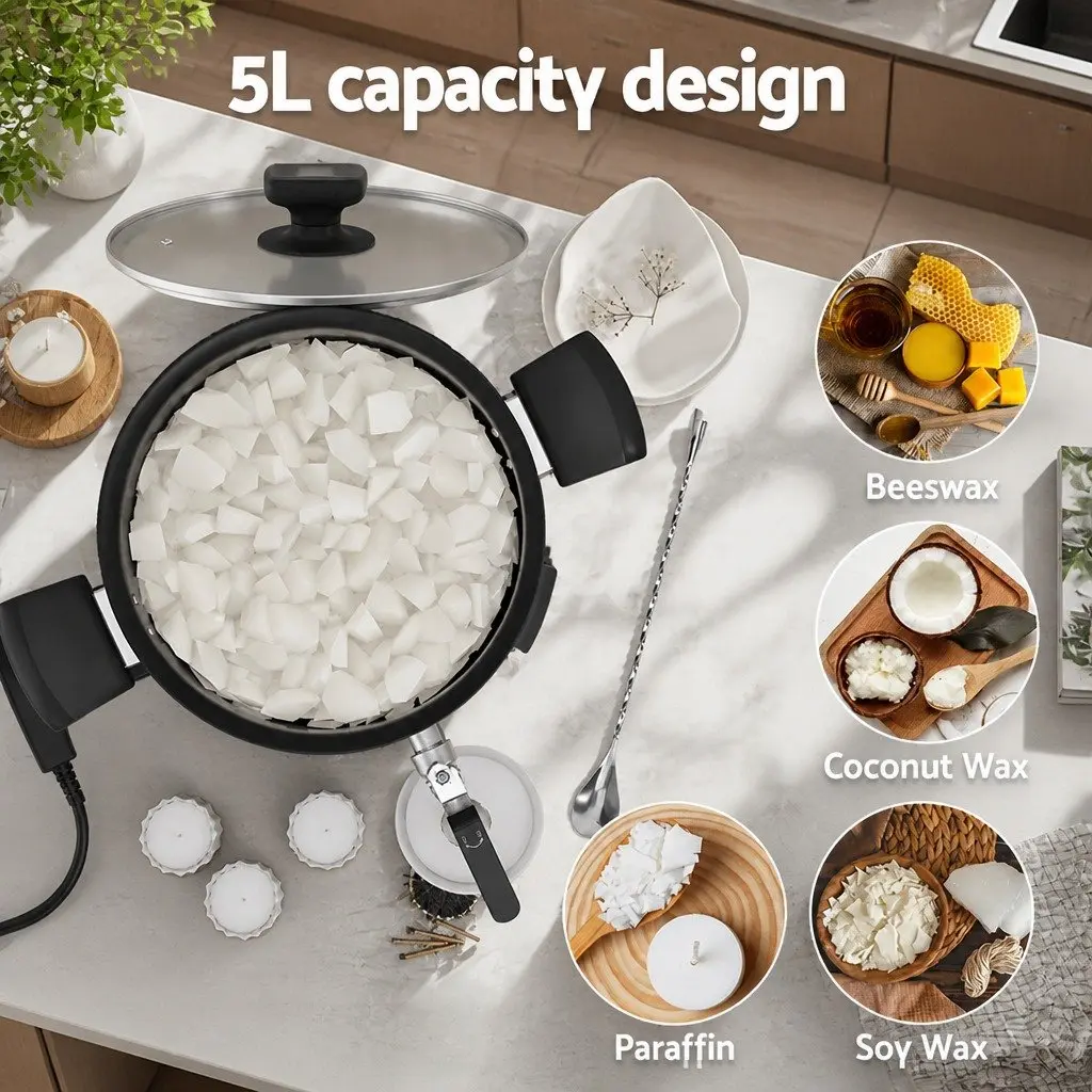 5L Wax Melter Black Electric Melting Pot 1200W Quick Pour Spout Temperature Control