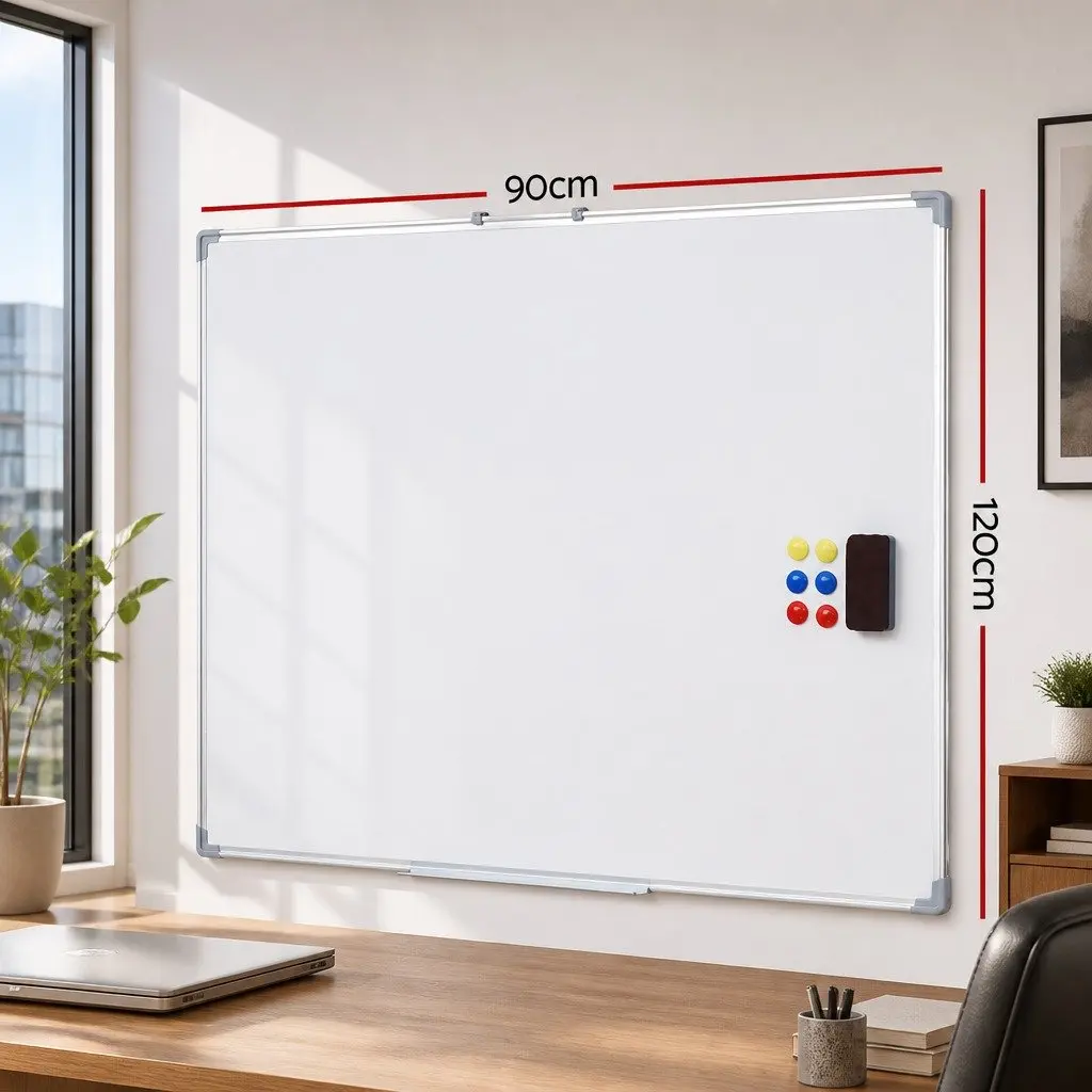 Magnetic Whiteboard White 90x120cm Double-Sided Smooth Writing Surface Lockable Rolling Casters Detachable Marker Tray