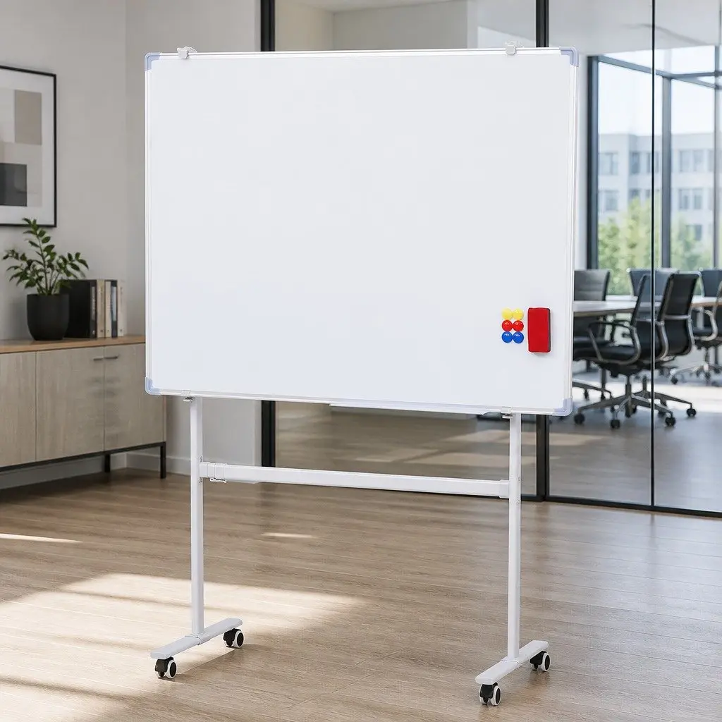 Double-Sided Magnetic Whiteboard Yellow 90x120cm Lockable Wheels