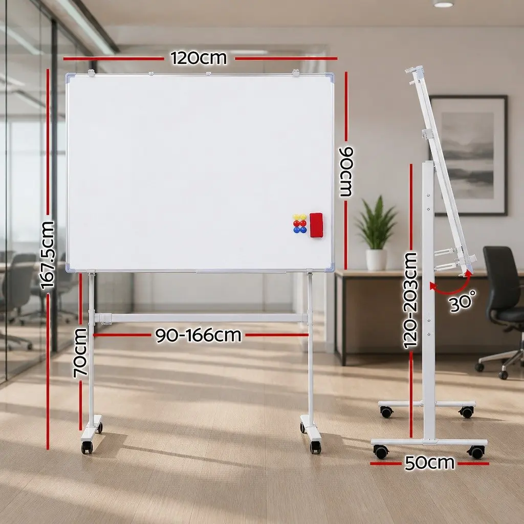 Double-Sided Magnetic Whiteboard Yellow 90x120cm Lockable Wheels
