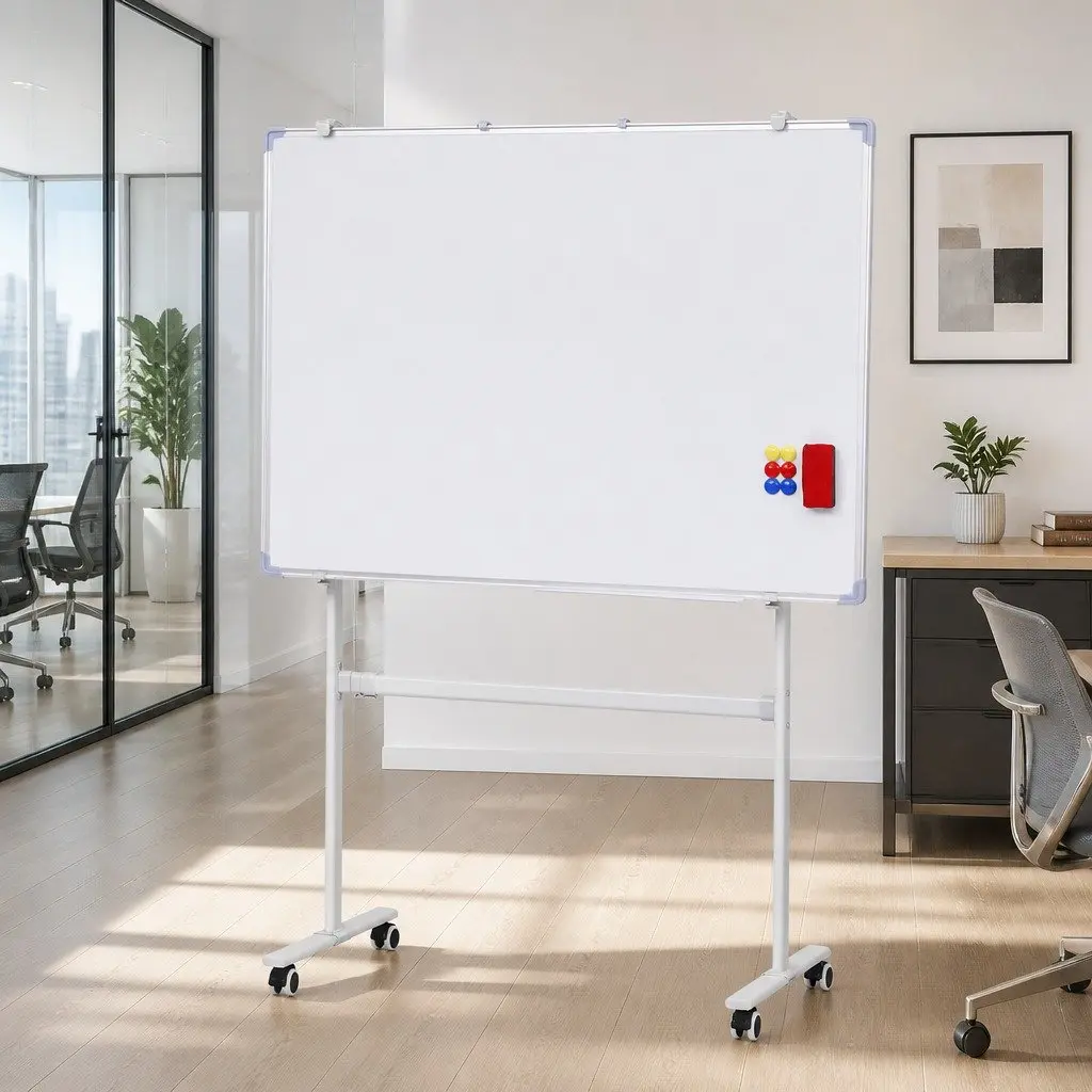 Double-Sided Magnetic Whiteboard Yellow 90x120cm Lockable Wheels