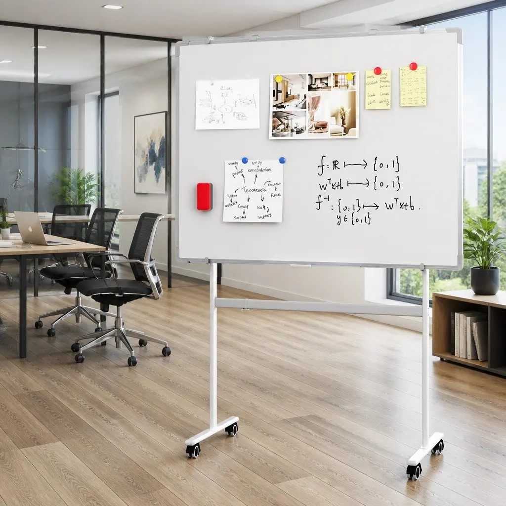 Double-Sided Magnetic Whiteboard Yellow 90x120cm Lockable Wheels